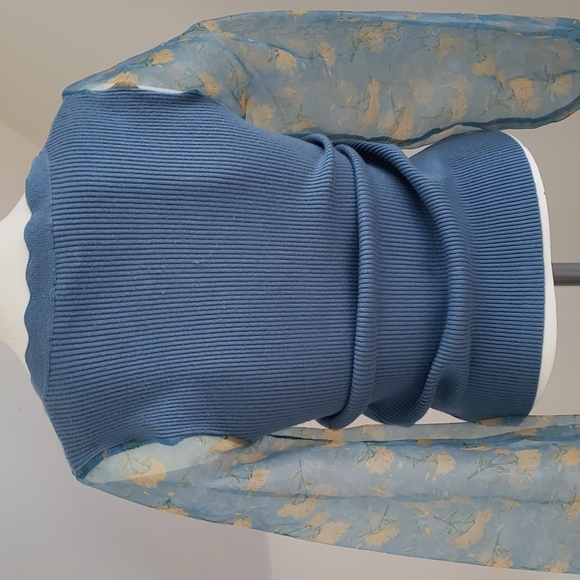 SIONI blu knit with Sheer floral Long Sleeves Sweater Top Cornflower blue Size S - Picture 6 of 16